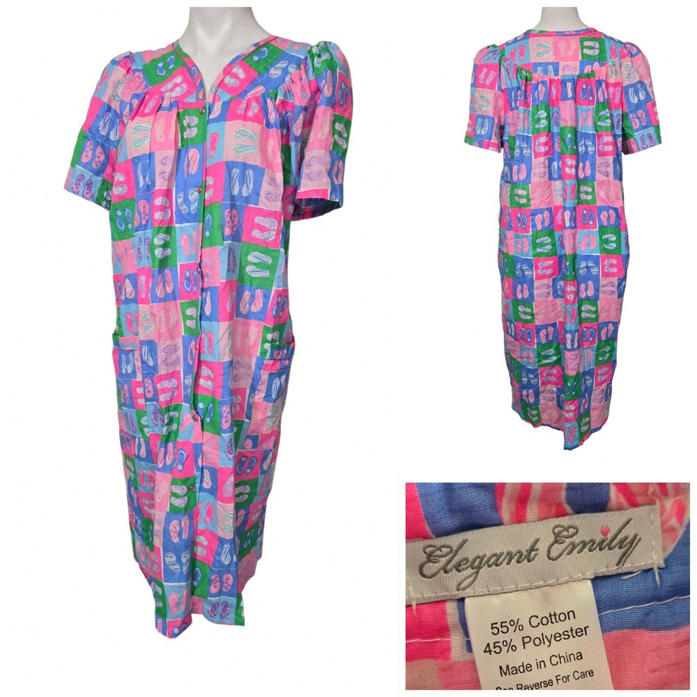 Elegant Emily Women XL Pink Blue Flip Flop Print Button Front House Dress Duster